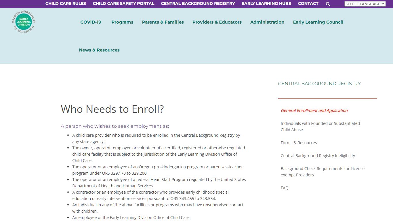 Central Background Registry - Oregon Early Learning Division